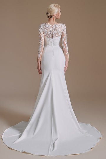 Sirena manga larga Sweep Train Vestido blanco de novia con encaje